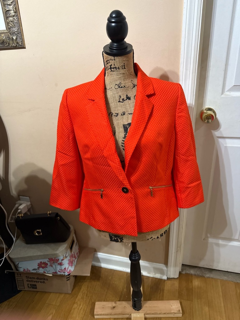 Kasper Bright Orange Textured Single-Button Blazer